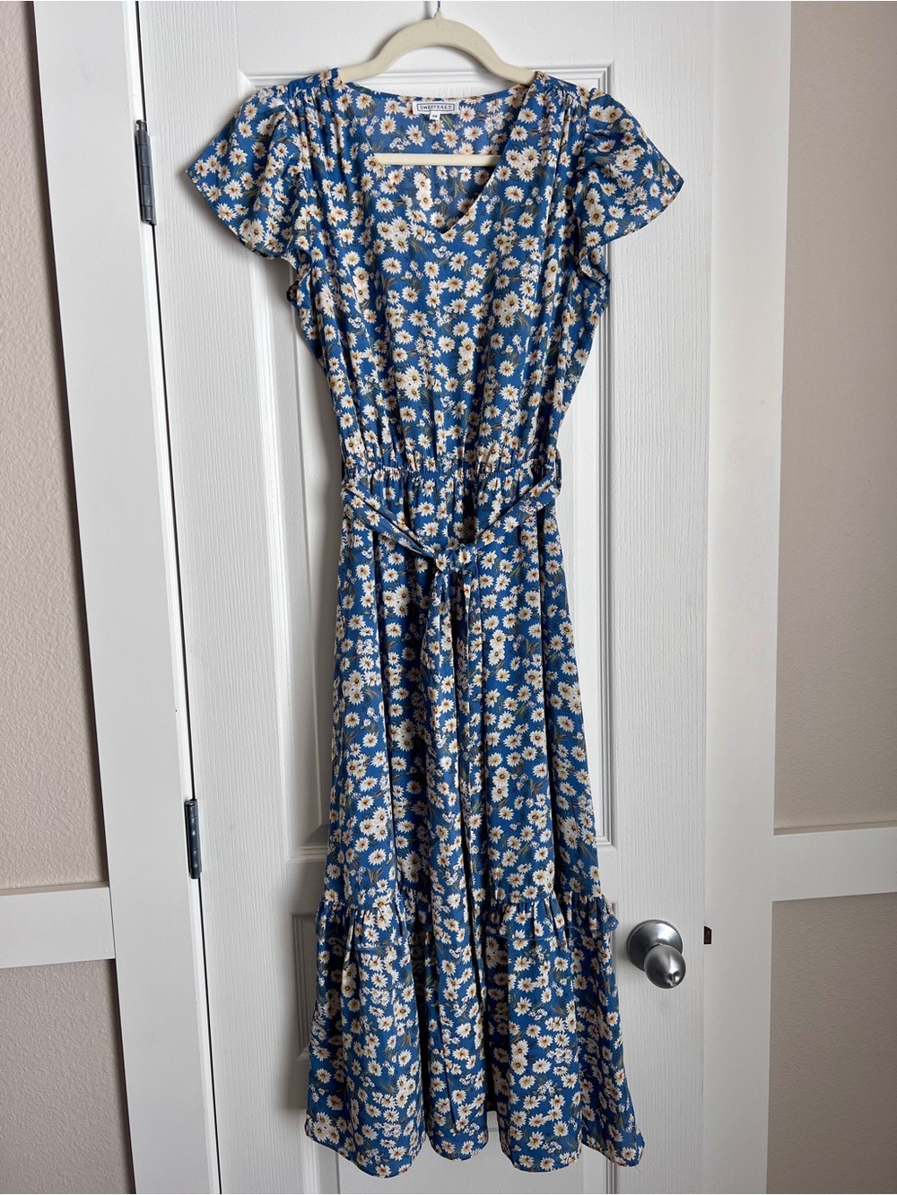 Sweet Salt Clothing Blue Daisy Floral Modest Tiered Maxi Dress - Size XS